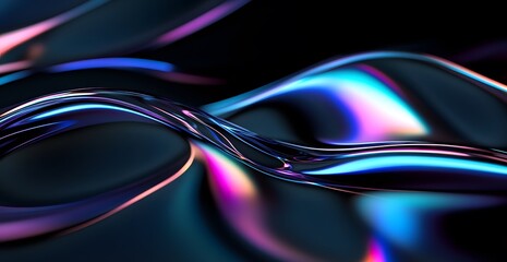 Abstract glass shape on black background. Black glassy background, rainbow gradient lines in the shape, 3D rende 