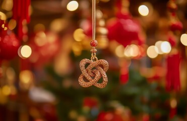 A hanging Chinese knot ornament, sharply focused with a blurred background of red and gold...