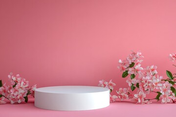 White Cylinder Platform with Pink Flowers on a Pink Background