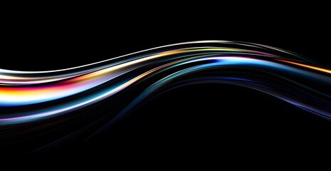 Abstract glass shape on black background. Black glassy background, rainbow gradient lines in the shape, 3D rende 