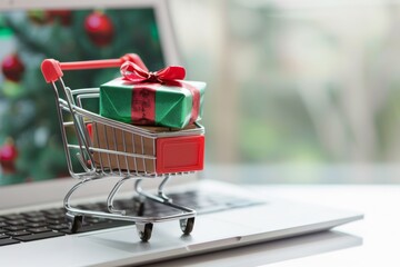 The image depicts a shopping cart with a gift box on a laptop, symbolizing the growing trend of online holiday shopping. Festive decorations highlight the ease of digital shopping
