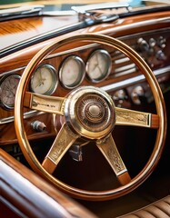Detail of the steering wheel and dashboard of an old classic car