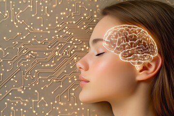 Woman with glowing brain overlayed with neural circuitry symbolizing cognitive enhancement memory and the convergence of biological and artificial systems
