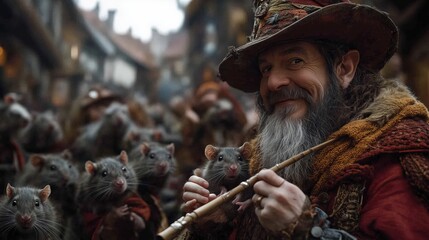 The pied piper of hamelin leading rats through medieval town - fantasy story illustration for fairy tale books