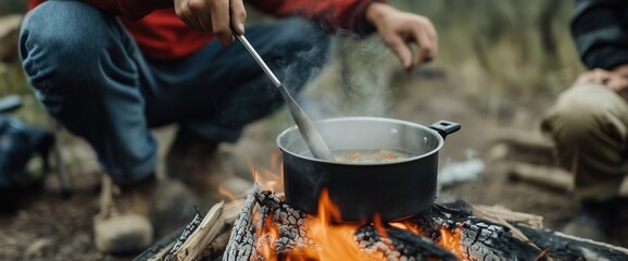 Fototapeta premium Traditional cooking experience: pot over campfire with ingredients for rustic outdoor adventure