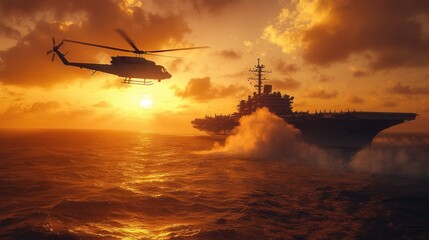 Helicopter Flying Above Military Ship at Sunset