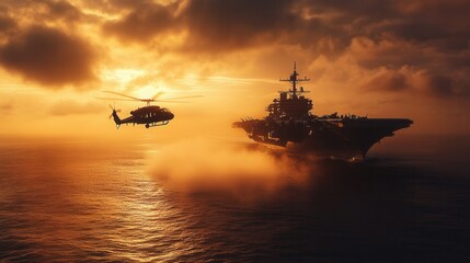 Helicopter Flying Above Aircraft Carrier at Sunset