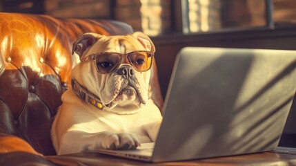 A bulldog wearing sunglasses sits on a leather chair, using a laptop.