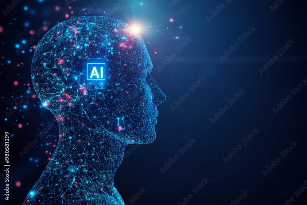 Poster blue digital silhouette of a human head with glowing ai symbols symbolizing artificial intelligence 