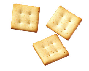Flying delicious crackers cut out isolated on white background.
