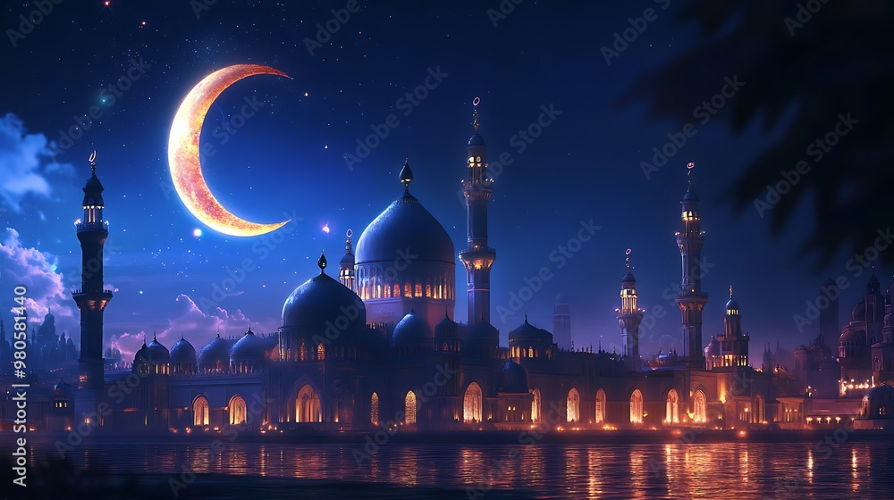 Canvas Prints Nighttime Mosque Under a Crescent Moon