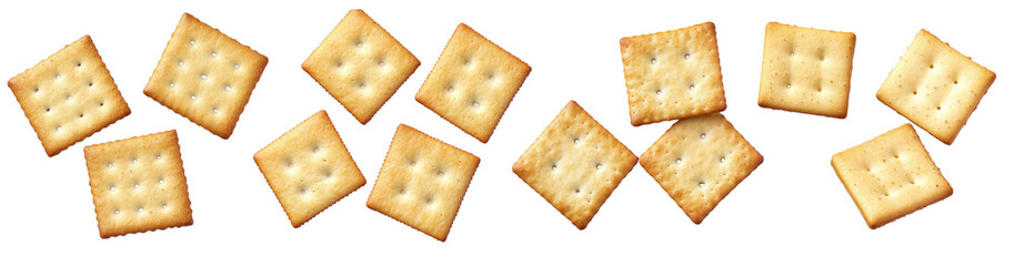 Fototapeta premium Flying delicious crackers cut out isolated on white background.