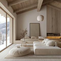 in Ukrainian mountains, pure minimalist, but elegant and rich soft design with with a calm atmosphere and details of Scandinavia, linen materials
