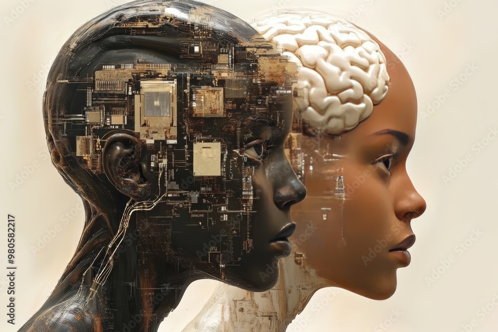 Poster female robot with half exposed mechanical brain symbolizing the convergence of human and machine cog
