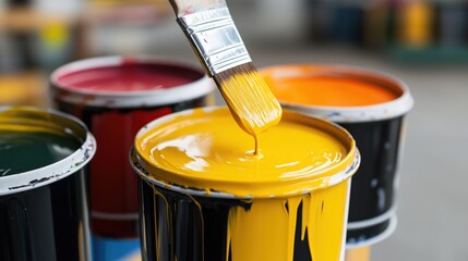 Vibrant spring palette: open paint cans with bright colors for creative projects