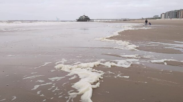 Wide angle of the Pier of Blankenberge in Belgium. A concrete structure in Art Deco design