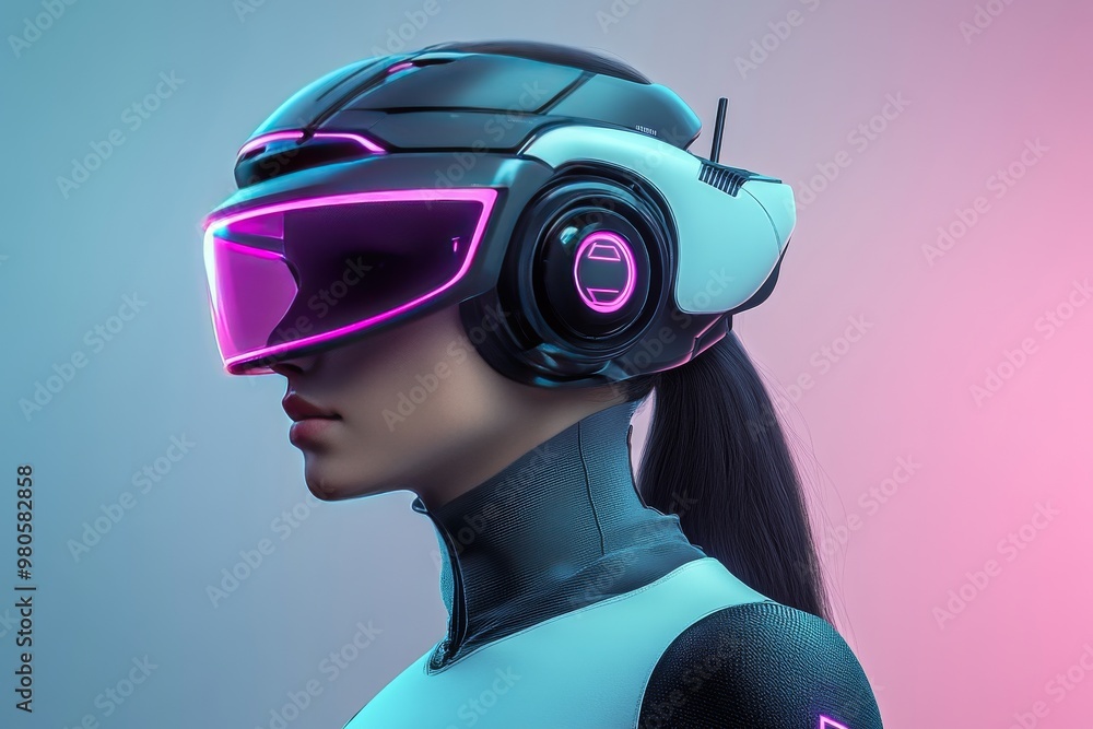Poster woman wearing a virtual reality helmet with glowing neural patterns symbolizing the connection betwe