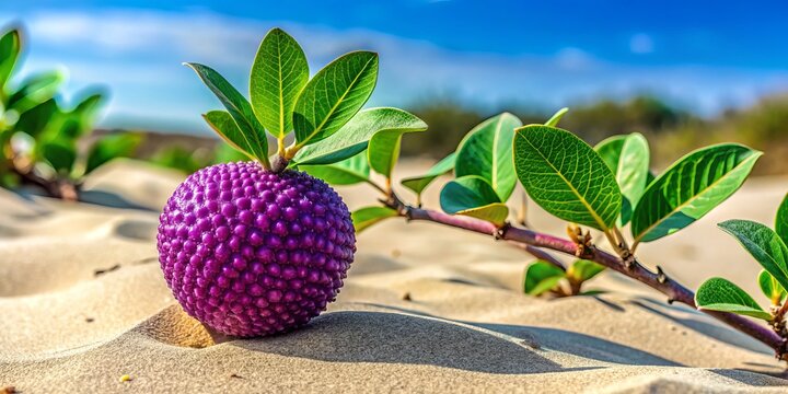 "Show a vibrant purple tejocote fruit with intricate ridges and spines, native to Mexico, nestled among lush gray-green leaves and sandy dunes."