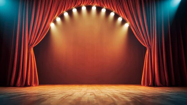 A dramatic stage with curtains and warm lights