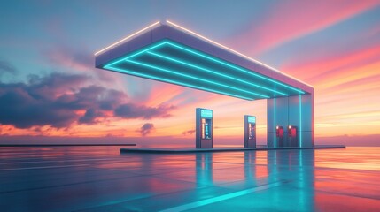 Futuristic Gas Station with Neon Lights at Sunset