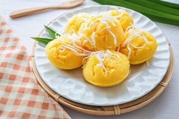 Toddy Palm Cake , thai dessert , thai called khanom tarn in white ceramic plate on white background