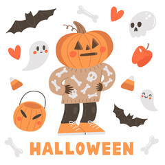 Boy with pumpkin head with Halloween elements - ghosts, skull, bones, bats. Cute autumn greeting card. Halloween vector illustration of Jack O'Lantern.