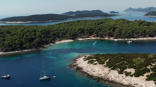 Anchorage Over Paradise Islands Of Saplun, Lastovnjaci In Northern Coast of Lastovo, Croatia. Aerial Shot