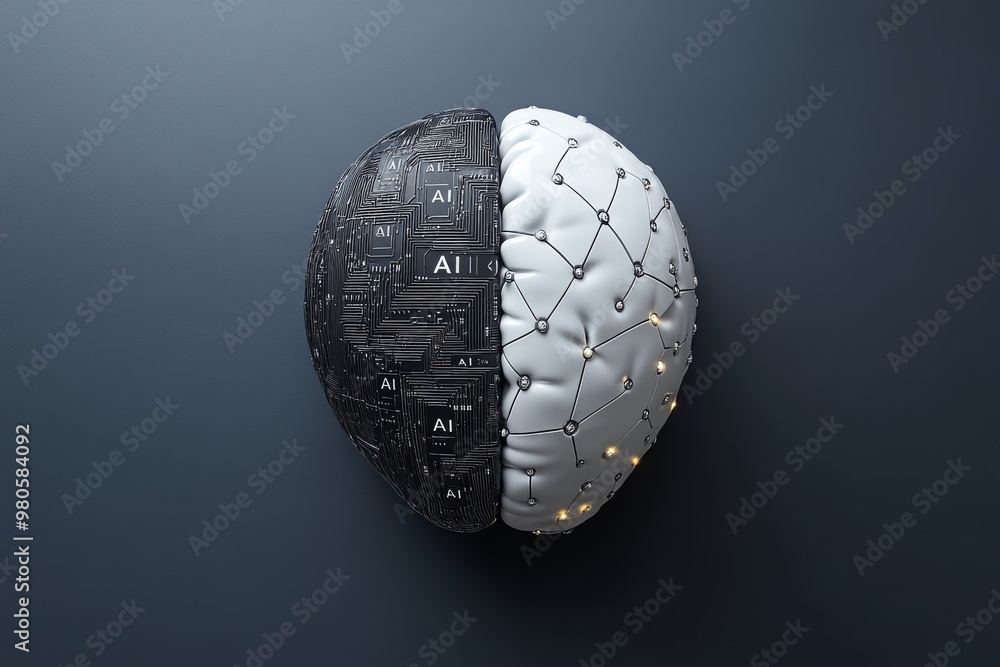 Poster robotic skull with half organic and half digital brain symbolizing the convergence of artificial int