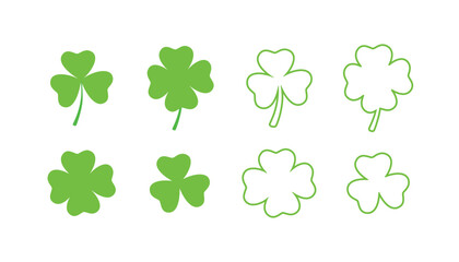 Set of icon Green shamrock, cloverleaf, luck, clover symbols. Good luck with the leaf clover flat icon set isolated on a transparent background.
