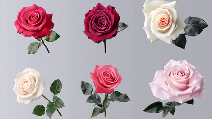 Various colors of beautiful roses displayed on a gray background revealing their delicate petals