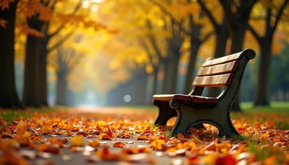 A Peaceful Park Bench Surrounded by a Carpet of Colorful Autumn Leaves