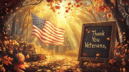 "Autumn Scene with American Flag and Thank You Veterans Message"