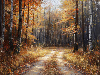 Obraz premium Beautiful autumn landscape with yellow trees and sun. Colorful foliage in the park. Falling leaves natural background 