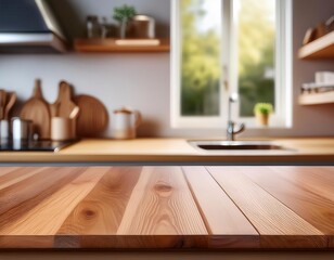 Empty wooden tabletop over defocused kitchen background with copy space. Generated image