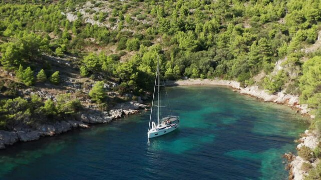 Isolated View Of A Sailboat On The Uska Bay On The Island Lastovo, South Dalmatia, Croatia. Aerial Shot