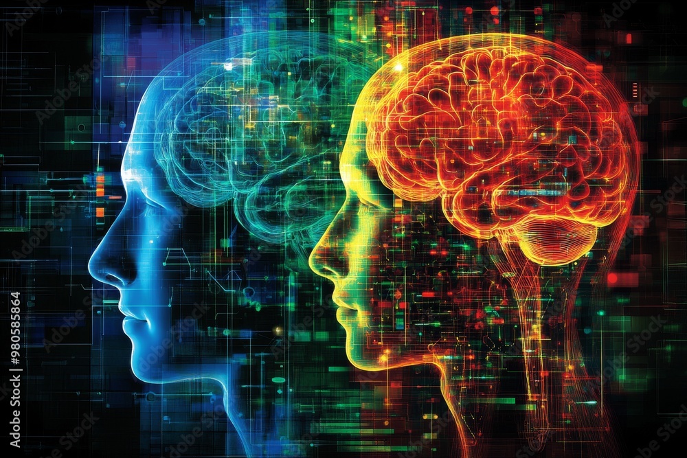 Poster dual silhouette of human heads with glowing red and green brains symbolizing cognitive development n