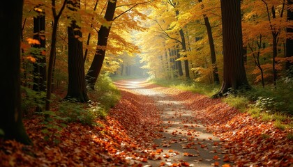 Fototapeta premium A Winding Forest Path Covered in a Rich Layer of Fallen Autumn Leaves