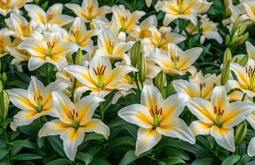 Obraz premium Yellow and White Lilies Blooming in the Garden. Created with Ai