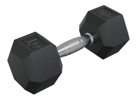 Hex Dumbbell with numbers 10, weightlifting gym equipment, top view, PNG isolated on transparent background