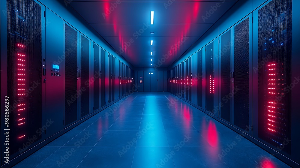 Poster rows of server racks in a modern data center with neon lights.