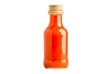 Closeup of Louisiana Sauce in glass bottle isolated on a white transparent background. Concept of food or culinary ingredient