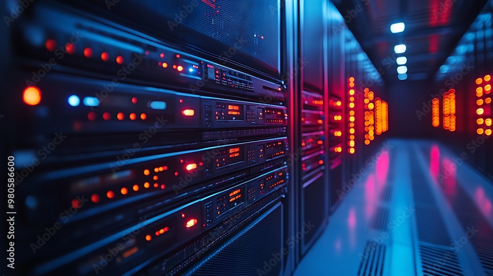 Poster server racks in a data center with red and blue lights.