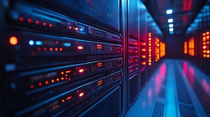 Obraz premium Server racks in a data center with red and blue lights.