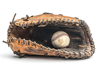 A worn leather baseball glove rests on a white background, ready to catch another ball and continue the game