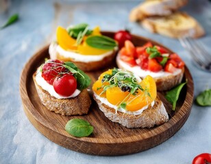 Healthy vegetarian toasts with cream cheese, Fruits. Summer fresh fruit toast sandwich. Generative Image