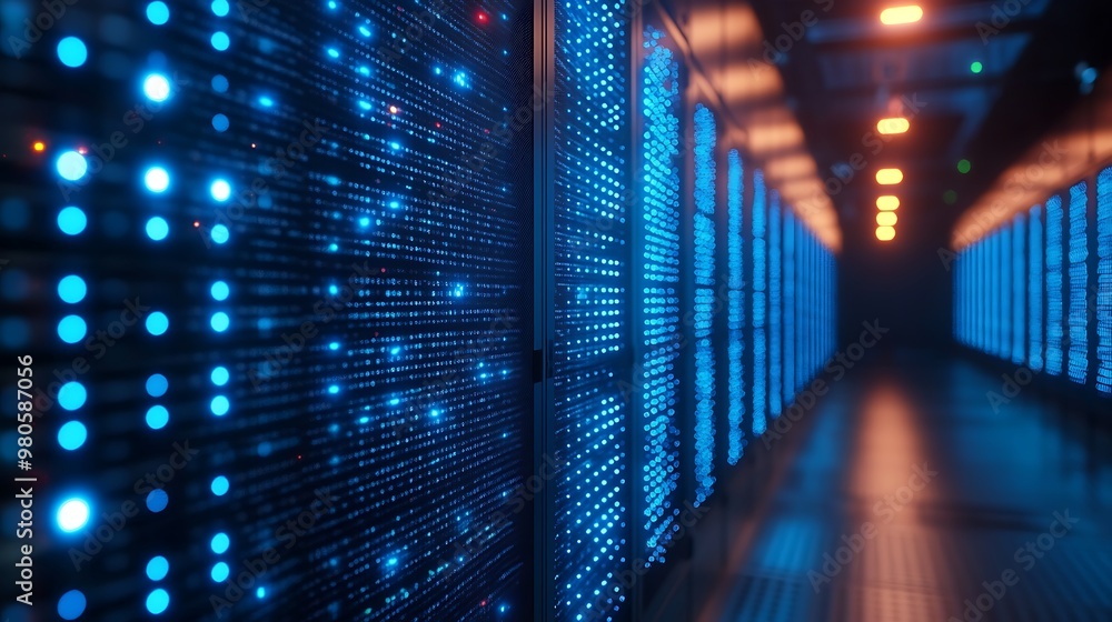 Poster row of server racks in a dark data center with blue lights.