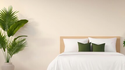 Bright minimalist bedroom with a white bed, clean lines, and a spacious, light-filled layout, modern bedroom, minimalist interior