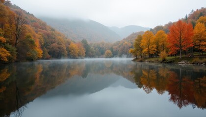 Fototapeta premium A Tranquil Lake Surrounded by Autumn Trees with Their Reflections Perfectly Mirrored in the Still Water