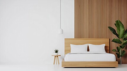 Minimalist bedroom with a low-profile white bed, wooden accents, and a spacious, calming layout, minimalist interior, spacious design