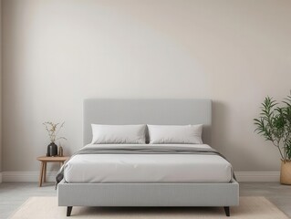 Spacious minimalist bedroom with a sleek grey bed, neutral tones, and an uncluttered, open layout, modern bedroom, spacious interior